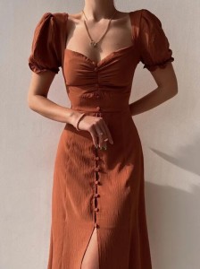 ladies solid color single-breasted long skirt